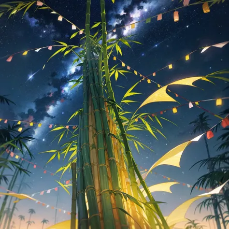 A lively Tanabata night with bamboo branches festooned with colorful decorations and paper wishes. The night sky is alive with a river of stars, the Milky Way stretching across it in a brilliant display. The stars twinkle like diamonds, and the bamboo leav...