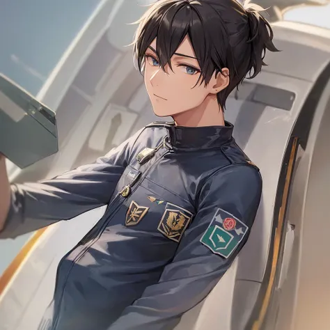 A ((male jet fighter pilot)) in his jet fighter pilot uniform urinated on his jet