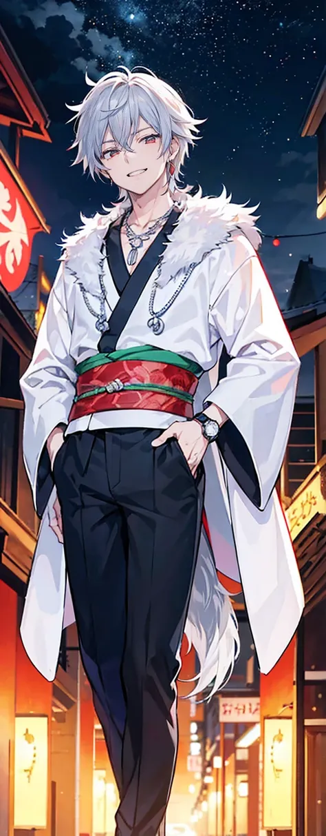 High resolution, High resolution,2D Anime Style,,Cool guy,Mature,,20th generation,Wolf Hair,Silver Hair,Red eyes,Beautiful Watches,Beautiful earrings,Beautiful Necklace,Beautiful kimono,He is laughing a little,night,Standing with your legs apart,festival