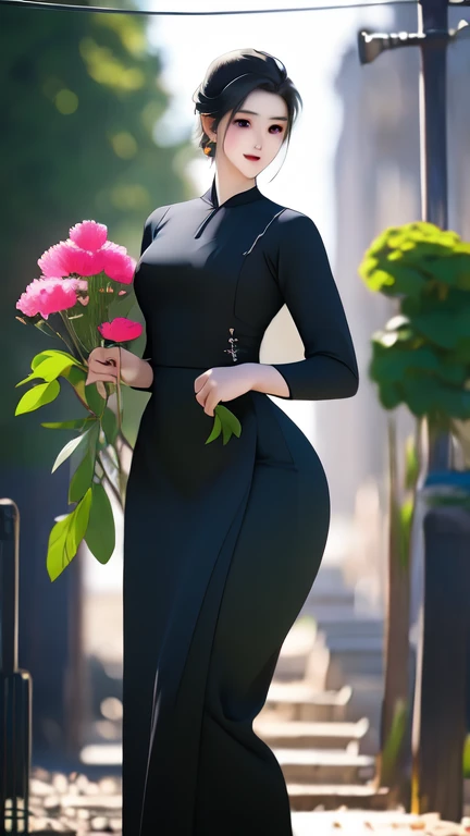 a beautiful girl in vintage colors aodai , masterpiece, best quality, realistic:1.3, street, holding bundle of flowers, red+black dress, sunlight, backlighting, artstation, intricate details, vignettThe owner of an attractive body outline and high hips3d 4...