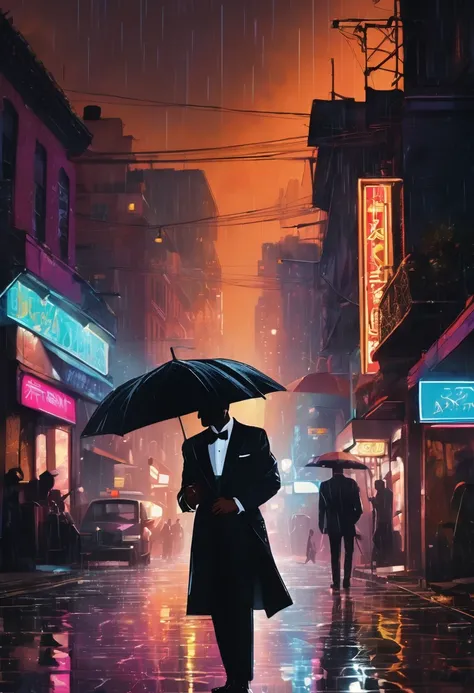 cover page, highres, top quality, best quality, paid reward available, unparalleled masterpiece, perfect artwork, absurdres, High-quality illustrations, super high resolution, detailed background, Lizard wearing a tuxedo wet in the rain, in the city, a nig...