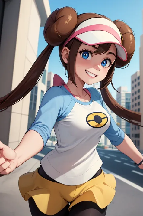 ((masterpiece,best quality)), absurdres,  ro1, hair bun, blue eyes, twintails, visor cap, pantyhose, raglan sleeves, yellow shorts, shirt, pink bow, wristwatch,
 solo, smiling, looking at viewer, cowboy shot, cinematic composition, dynamic pose, modern cit...