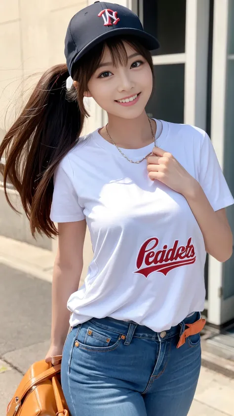 Highest quality, masterpiece, Ultra-high resolution, (Realistic:1.4),Beautiful woman,(Shortcuts),(Big Breasts) ,Beautiful Skin, Fine skin, 魅惑的なsmile, Background blur, smile, Baseball hats、T-Shirts、jeans、ponytail