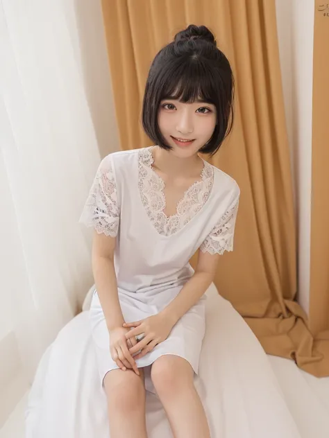 (Highest quality:1.9)、(High resolution)、Live-action image quality、((19 year old female university student、1 person))、Soft lighting by a professional photographer、Natural light、((Very spacious white luxurious room:1.6))、((Bright white room:1.6))、(Standing i...