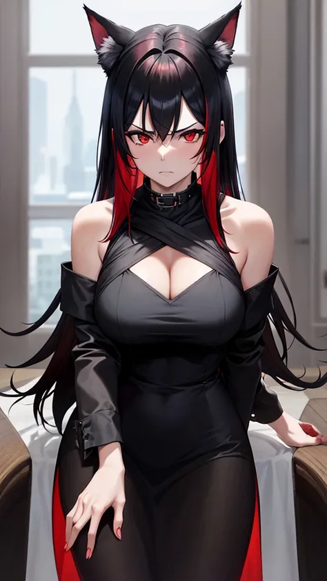 An adult woman, half wolf, black and red hair, black ears, red eyes, wearing a black and blue dress, very angry, wide breasts