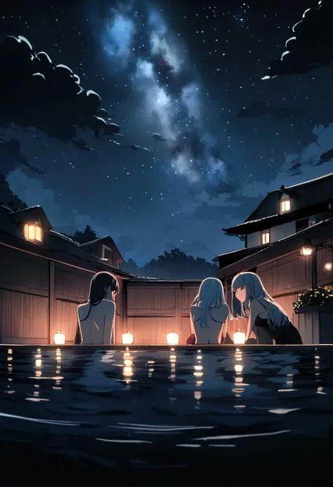 Several girls in an open-air bath、Night Sky、Starry Sky