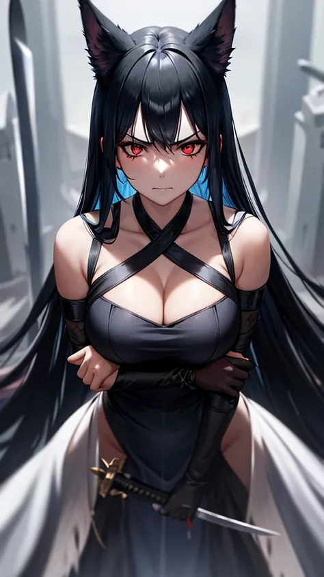 An adult woman, half wolf, black and blue hair, black ears, red eyes, wearing a black and blue dress, with an angry but gentle face, wide breasts, holding a sword