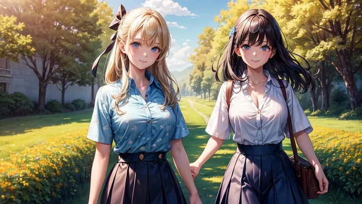 2girls, solo, full body, rural landscape, village, trees, sun, clouds, fantasy, large breasts, button down shirt, ((floral pattern shirt)), ((short sleeved shirt)), ((unbuttoned shirt)), unbuttoning buttons, cleavage 1:3, blue eyes, dark skirt, smile, look...