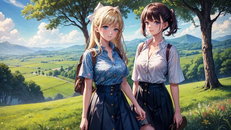 2girls, solo, full body, rural landscape, village, trees, sun, clouds, fantasy, large breasts, button down shirt, ((floral pattern shirt)), ((short sleeved shirt)), ((unbuttoned shirt)), unbuttoning buttons, cleavage 1:3, blue eyes, dark skirt, smile, look...