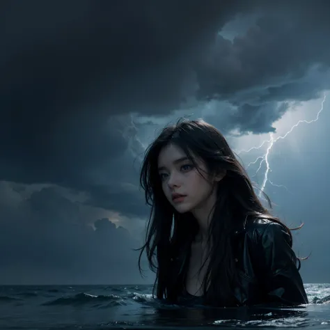 Demonic girl from the clouds  Beautiful girl in the middle of the sea, there is a rainstorm and lightning in the background. Realistic picture, picture beyond imagination, 4k, cinematic, lighting cinematic, ultra uhd