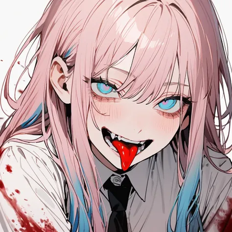 1 girl in chainsaw man style, long hair, light pink hair, hair with blue tips, multicoloured, light blue eyes,(detailed), white blouse with a black tie,(bloodstains), Grinning,(dentes pontudos), showing the tongue, tilted face, White background, muito bloo...