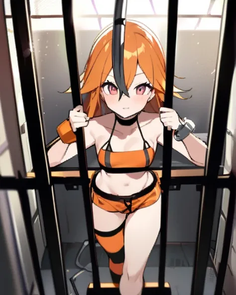 araffe woman in a bikini with a key in her hand, dressed in belts bikini, dressed in orange inmate attire, with prison clothing, wearing orange prison jumpsuit, handcuffs, Orange BootyShorts, prison jumpsuit, high quality costume, orange halter top, costum...