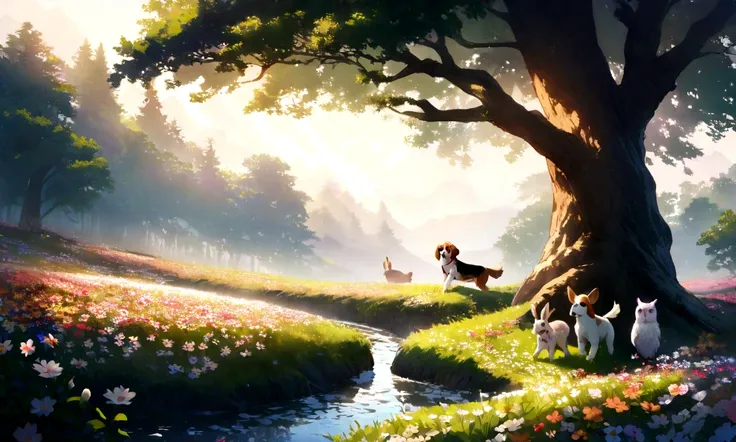 Create a scene of a beagle dog crossing a stream, climbing a hill and walking through a flower field, accompanied by an owl in a tree and a rabbit in front.