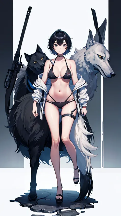 girl, standing, wolf cut, short hair, black hair, grey eyes, bikini, fullbody, masterpiece, good anatomy