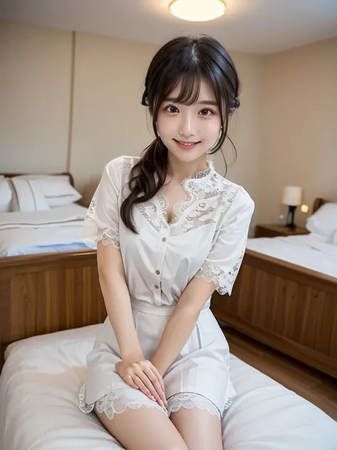 (Highest quality:1.9)、(High resolution)、Live-action image quality、((19 year old female university student、1 person))、Soft lighting by a professional photographer、Natural light、((Very spacious white luxurious room:1.6))、((Bright white room:1.6))、(Standing i...