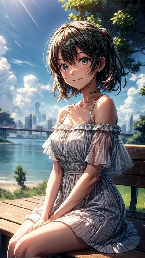 A Makoto Shinkai-esque scene with a mysterious natural background。
while sitting on the bench。
Wearing a white dress。
Off-the-shoulder dress。
Smiling and looking upwards。
Hatsune Miku