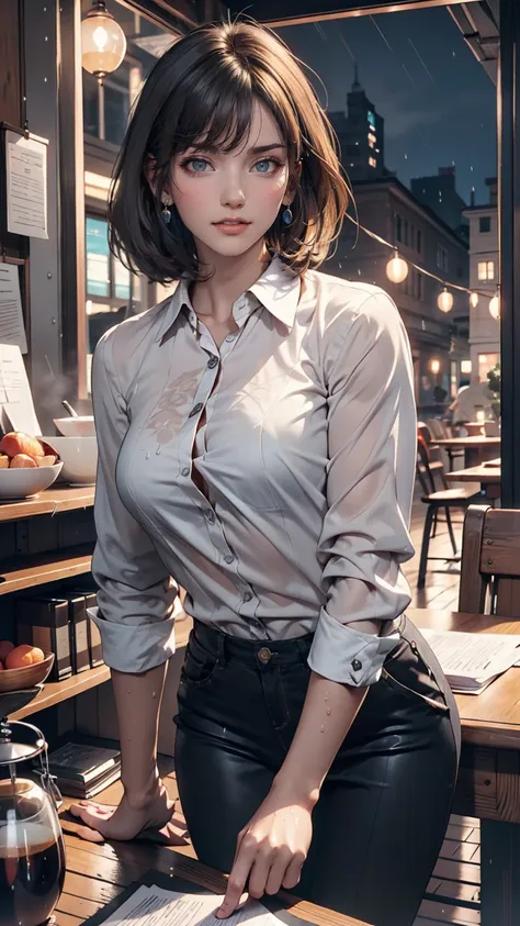 (8K, Highest quality, masterpiece: 1.2), (Realistic, photoRealistic: 1.37), Very detailed, 1 girl, 17 years old, alone, small breasts, Beautifully detailed skies, Detailed Cafe, night, (blush), (smile: 1.15), (Mouth closed), small, (Collared shirt: 1.1), n...