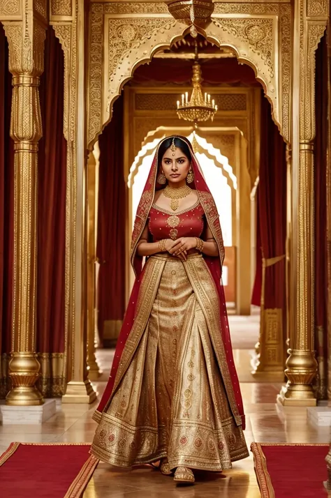 Powerful woman, royal, indian history, elegance, power, beauty, ruler, hd, high quality, good anatomy, long view, full dress, court, realistic, full ornaments, gold or red gown, mughal empire, walking power