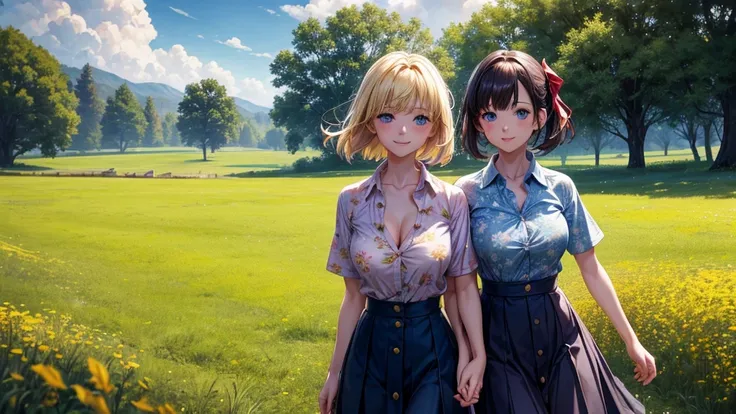 2girls, solo, full body, rural landscape, village, trees, sun, clouds, fantasy, large breasts, button down shirt, ((floral pattern shirt)), ((short sleeved shirt)), ((unbuttoned shirt)), unbuttoning buttons, cleavage 1:3, blue eyes, dark skirt, smile, look...