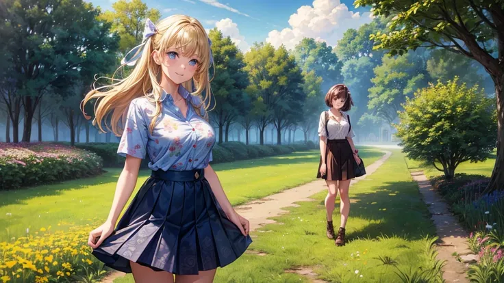 2girls, solo, full body, rural landscape, village, trees, sun, clouds, fantasy, large breasts, button down shirt, ((floral pattern shirt)), ((short sleeved shirt)), ((unbuttoned shirt)), unbuttoning buttons, cleavage 1:3, blue eyes, dark skirt, smile, look...