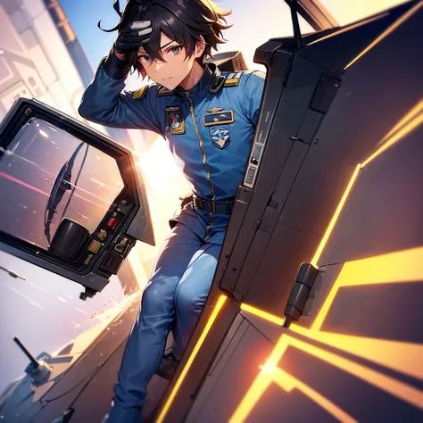 A ((male jet fighter pilot)) in his jet fighter pilot uniform with full pilot helmet ,pilot (((urinated))) on his jet