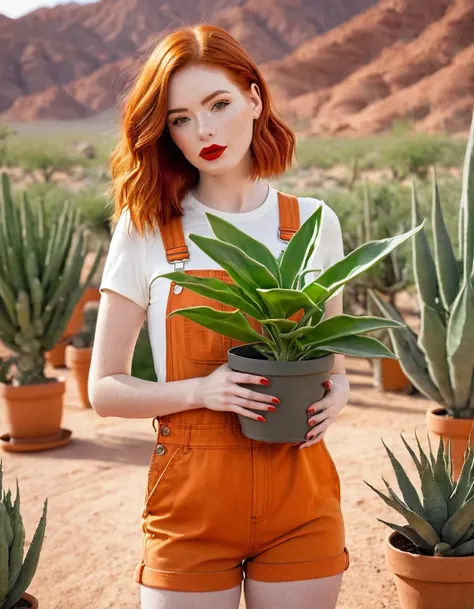 (masterpiece, best quality:1.2), aka6, 1girl, solo, red hair, medium hair, red eyes, lips, red lips, closed mouth, blush, orange overall, thighs, in desert, tuberous plants in background, holding plant pot with tuberous plants, plant pot with tuberous plan...