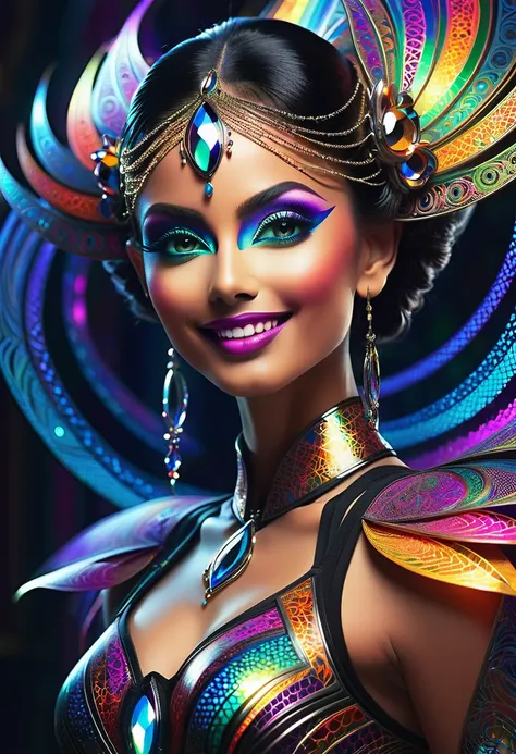 a colorful glowing post-modern ornamental plasma prowler, sleek lines and intricate patterns intertwine to create a sense of futuristic gothic elegance. The main subject of the image is a stunningly gorgeous colorful woman dancer with intricately detailed ...