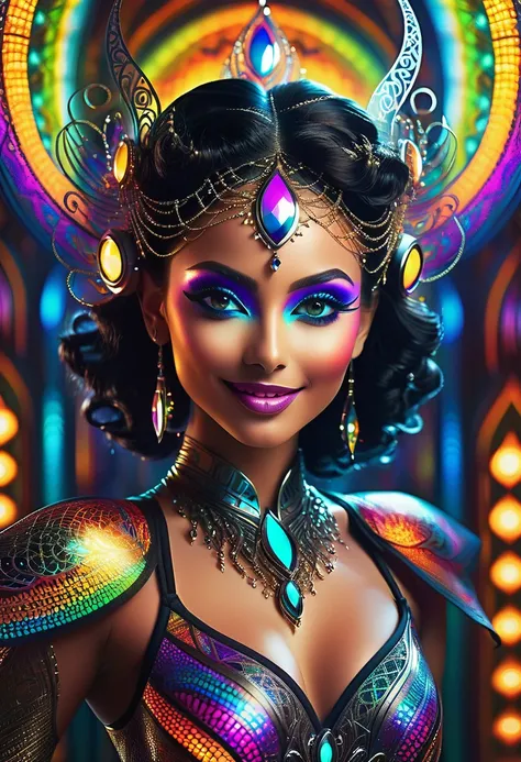 a colorful glowing post-modern ornamental plasma prowler, sleek lines and intricate patterns intertwine to create a sense of futuristic gothic elegance. The main subject of the image is a stunningly gorgeous colorful woman dancer with intricately detailed ...