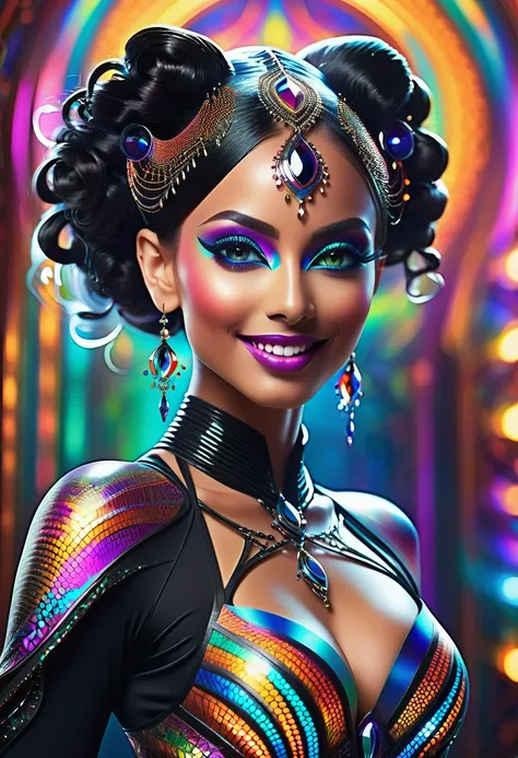 a colorful glowing post-modern ornamental plasma prowler, sleek lines and intricate patterns intertwine to create a sense of futuristic gothic elegance. The main subject of the image is a stunningly gorgeous colorful woman dancer with intricately detailed ...