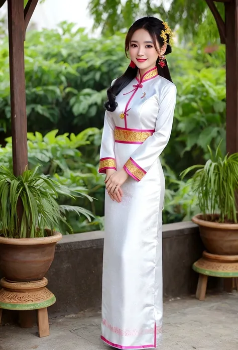 June Vu(Jun Vu)A similar Vietnamese woman、National costume「Aodai」Wearing、Smile、whole body