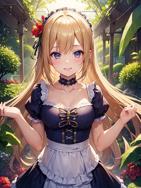 (masterpiece:1.5),(Beat quality),(high res),1girl solo,beautiful face,smile(shining eyes),upper body,light effects,Plainclothes woman,botanical garden