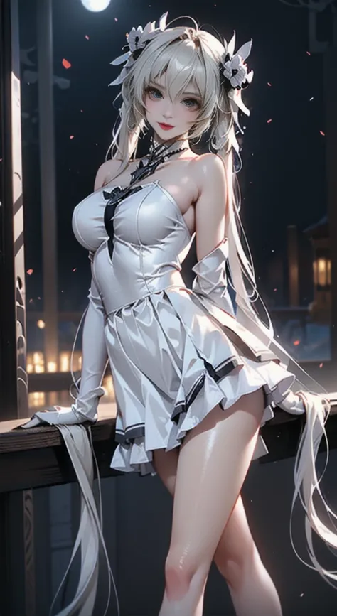 kasugano sora,long white hair,twintails,hair ribbon,hair ornament, ((Bare shoulders)), ((Full breasts)), ((The skirt is short)), ((Sexy legs)), ((whole body)), Practical, Fashion girl, Red lips, Mature women, Exquisite makeup, big eyes, beautiful, (best qu...