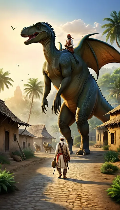 create a photorealistic image set in an 1600s indian village. a village man is walking dinosaurs like stegosaurus his pet, a lar...