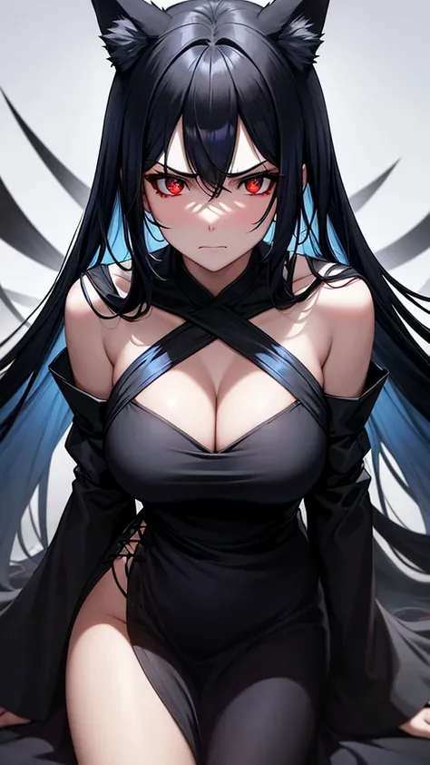 An adult woman, half wolf, black and blue hair, black ears, red eyes, wearing a black and blue dress, with an angry but gentle face, wide breasts