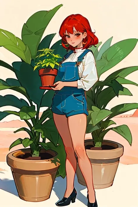 (masterpiece, best quality:1.2), aka6, 1girl, solo, red hair, medium hair, red eyes, lips, red lips, closed mouth, blush, orange overall, thighs, in desert, tuberous plants in background, holding plant pot with tuberous plants, plant pot with tuberous plan...