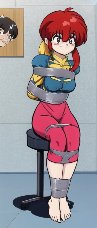 Ranma saotome, Red hair, redhead, barefoot bunny, sit tied to a chair, tied ankles together with ropes,full body.