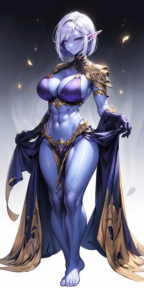 ((plain background:1.2, 1sologirl)) full body standing barefoot hands on waist navel, very purple skin, drow, elf, Madura, Detailed happy face, purple eyes, white hair bob style, gold bikini, well defined six pack abs, Large knockers, golden gloves