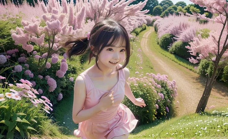 a young girl named Chihiro in "Spirited Away" wearing pink ogino costume, running through a dense flower field