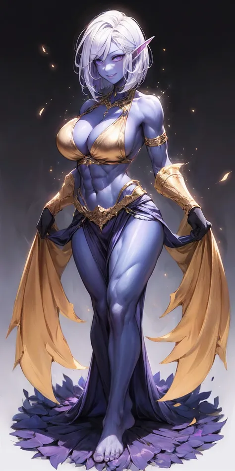 ((plain background:1.2, 1sologirl)) full body standing barefoot hands on waist navel, very purple skin, drow, elf, Madura, Detailed happy face, purple eyes, white hair bob style, gold bikini, well defined six pack abs, Large knockers, golden gloves