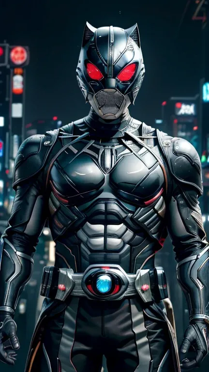 (8k),(masterpiece),(Japanese),(8-year-old boy),((innocent look)),((Childish)),From the front,smile,cute,Innocent,Kind eyes,Flat chest, black helmet, black domino mask, white mask, Black Panther,Bald,No Hair, Henshin Pose,night,dark, Neon light cyberpunk ci...