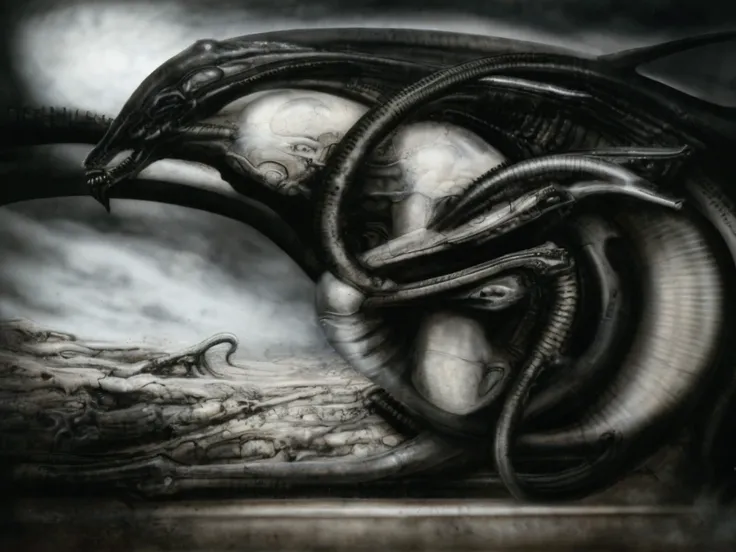 the image is a detailed view of h.r. giger's biomechanical tableau \" landscape xvi \" plate, featuring.
(airbrush painting, gig...