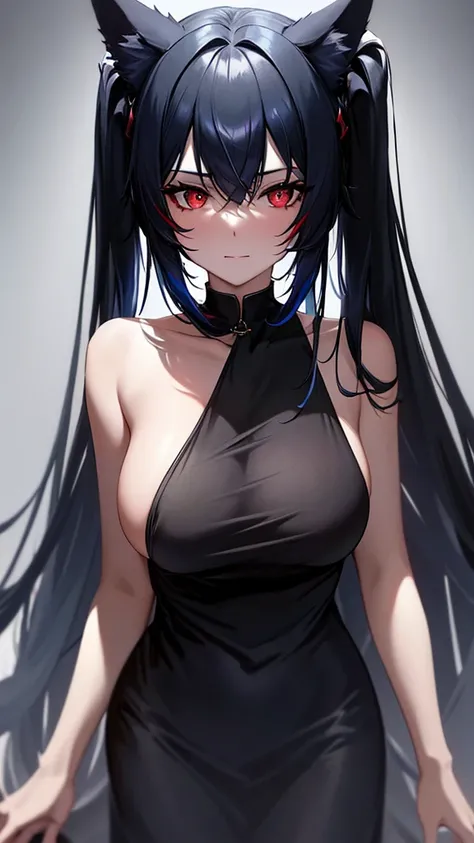 An adult woman, half wolf, black and blue hair, black ears, shining red eyes, wearing a black and blue dress, with an gentle face, wide breasts