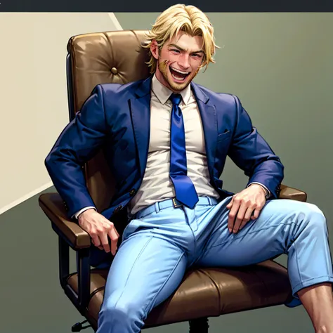 , blonde handsome skinny man wearing white shirts and blue ties and grey pants laughing, sitting on chair and feet on desk, feet...