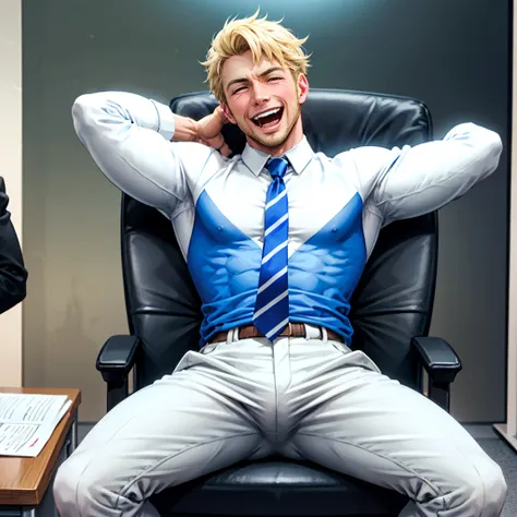 , blonde handsome skinny man wearing white shirts and blue ties and grey pants laughing, sitting on chair and feet on desk, feet...