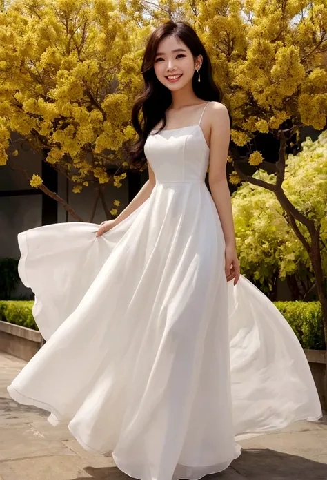 June Vu(Jun Vu)A similar Vietnamese woman、Wearing a dress with a large opening、Smile、whole body、One woman