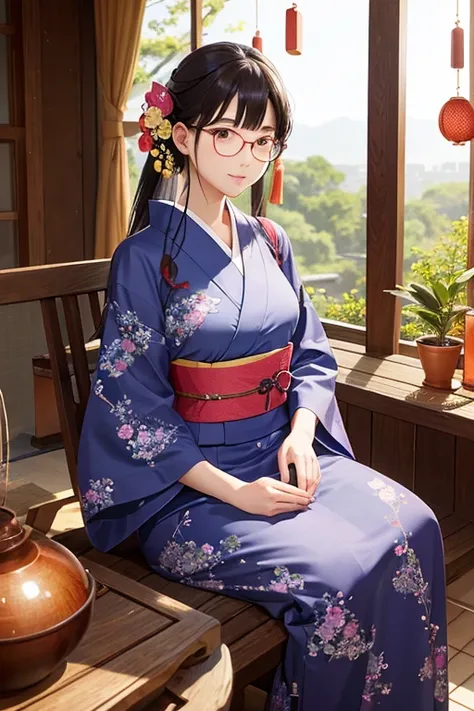 Highest quality、masterpiece、High sensitivity、High resolution、Detailed Description、Slender women、Glasses、Wind chimes on the veranda、In a yukata、Sitting with a fan in hand、