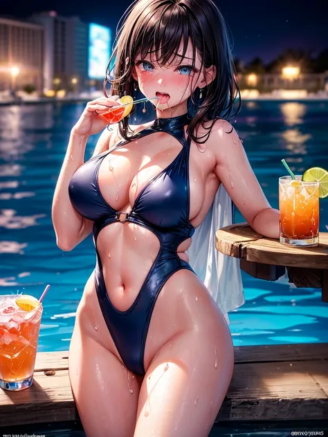 Highest quality,Highest Resolution,A crying beauty in a super high-cut swimsuit,Night Pool,Night view,whole body,up,Very beautiful eyes,(((Drink a drink))),(((Open your mouth and drool))),(((Sweat profusely)))Tears,Big Breasts,(((Ｔback)))