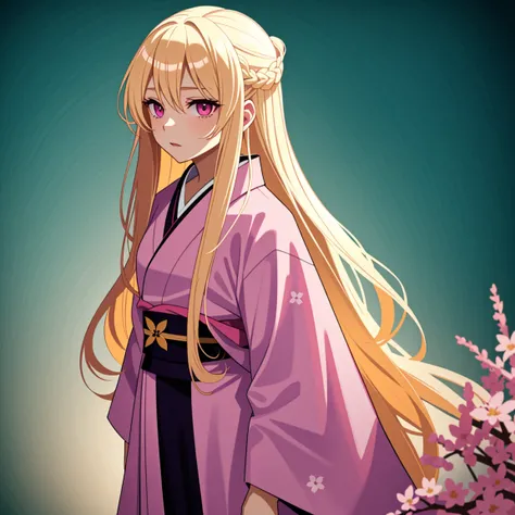 adult woman, pink eyes, long blonde hair, sexy short kimono, 18+