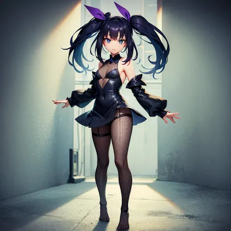 (Panty stocking),(Fishnet tights),(barefoot),Cute little ,Tiny ,Small girl,,Childish face, Very fine clean face,Top quality,Black Hair,(Dark Room), Subtle light, Natural light,Soft lighting,Light from directly behind, (Are standing),With bust up,Front view...