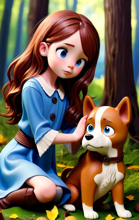 a girl with long brown hair, a blue dress, playing with a brown and white beagle dog, discovering an ancient map inside a hollow tree in a lush green forest, detailed skin and facial features, extremely detailed eyes and face, photorealistic, masterpiece, ...